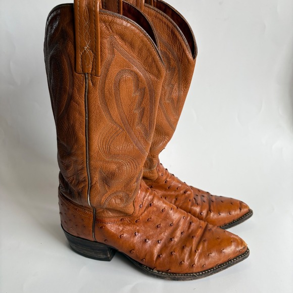 J Chisholm Ostrich Cowboy Boots‎ Western Leather Brown 8 D Almond Toe Vintage